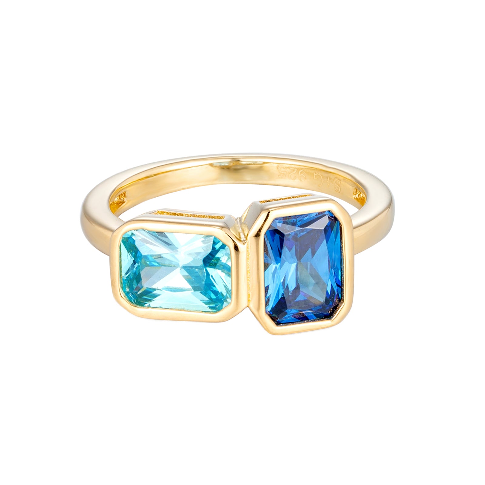 Gold ring with two rectangular blue gemstones on a white background - seolgold