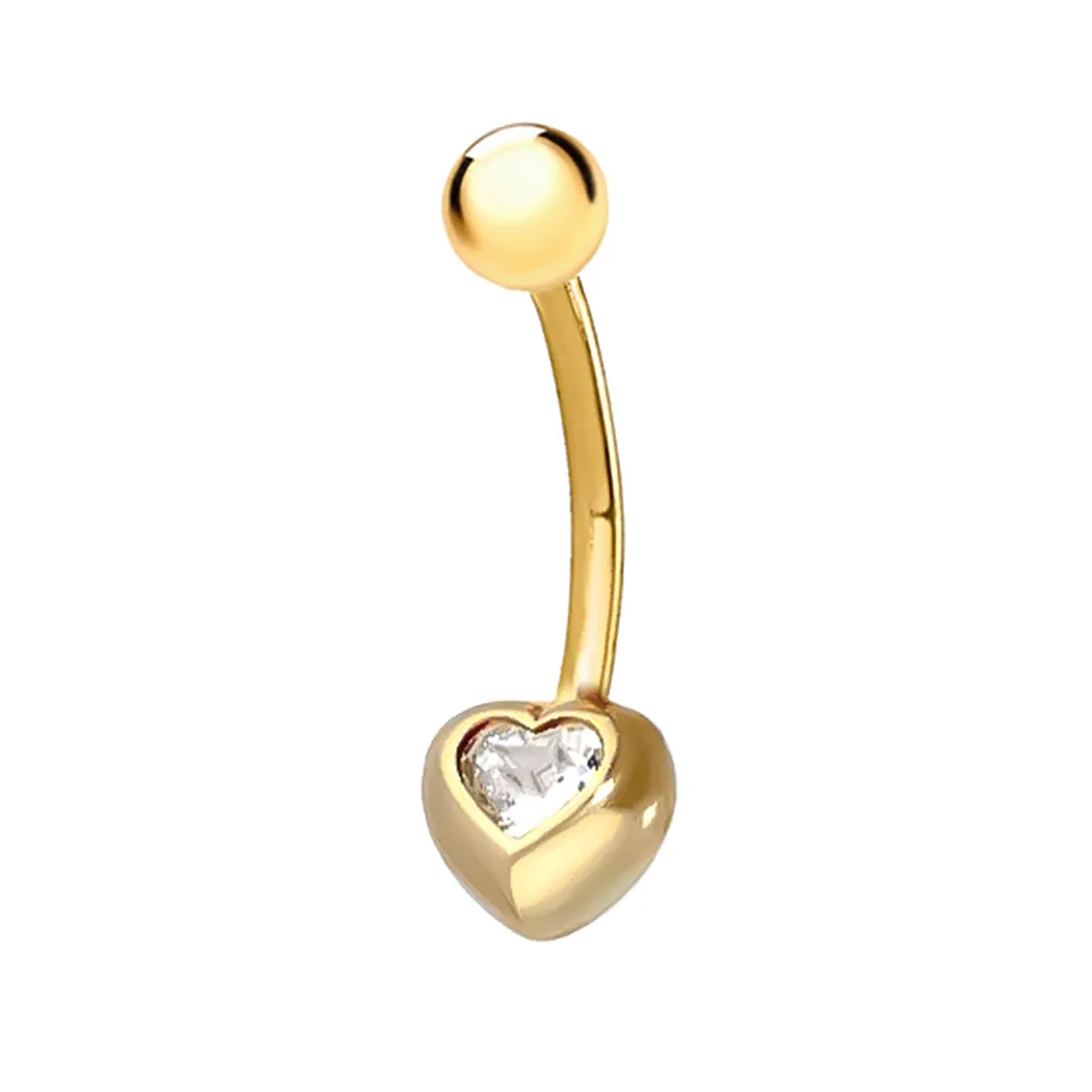 Gold belly button ring with a heart-shaped design and clear gemstone on a white background - seolgold