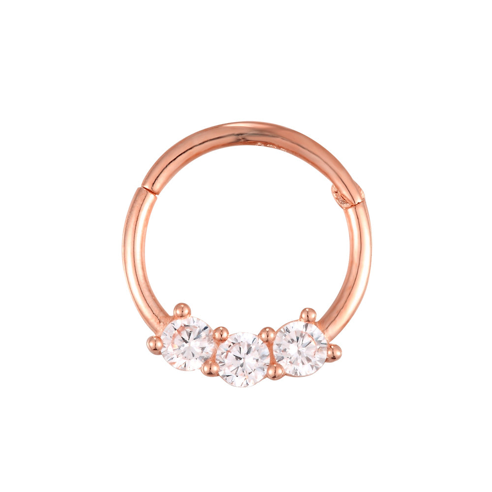 9ct Solid Rose Gold Triple CZ Claw Segmented Hoop