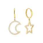 9ct Solid Gold CZ Star and Moon Hoop Earrings