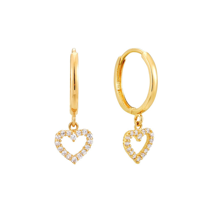 Gold hoop earrings with heart-shaped charms on a white background - seolgold