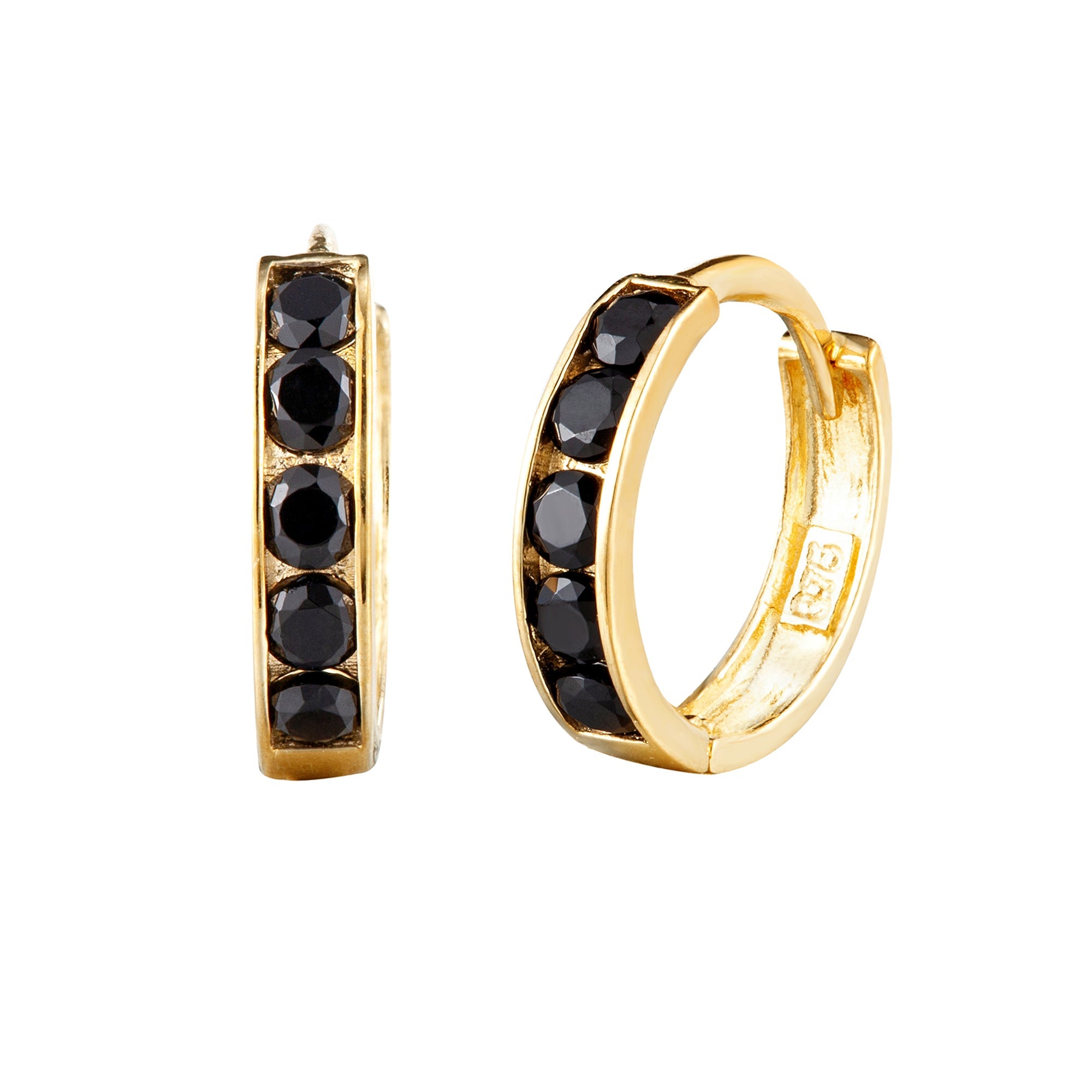 Gold hoop earrings with black stones on a white background - seolgold