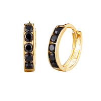 Gold hoop earrings with black stones on a white background - seolgold