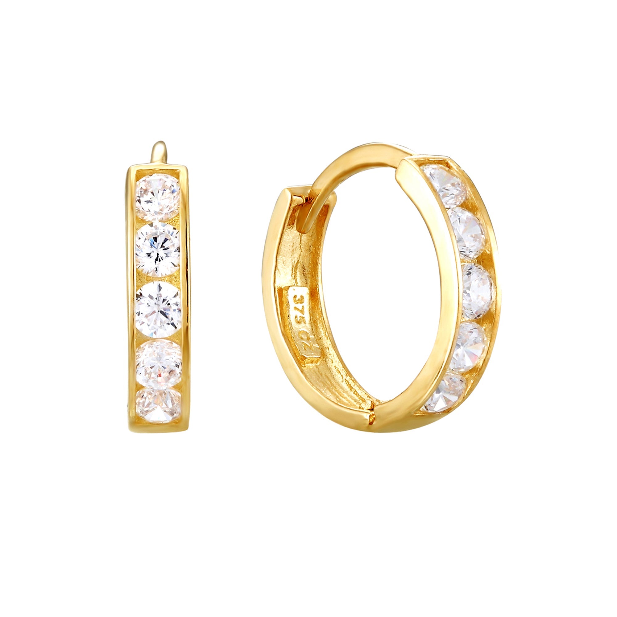 Gold hoop earrings with embedded diamonds on a white background - Seolgold