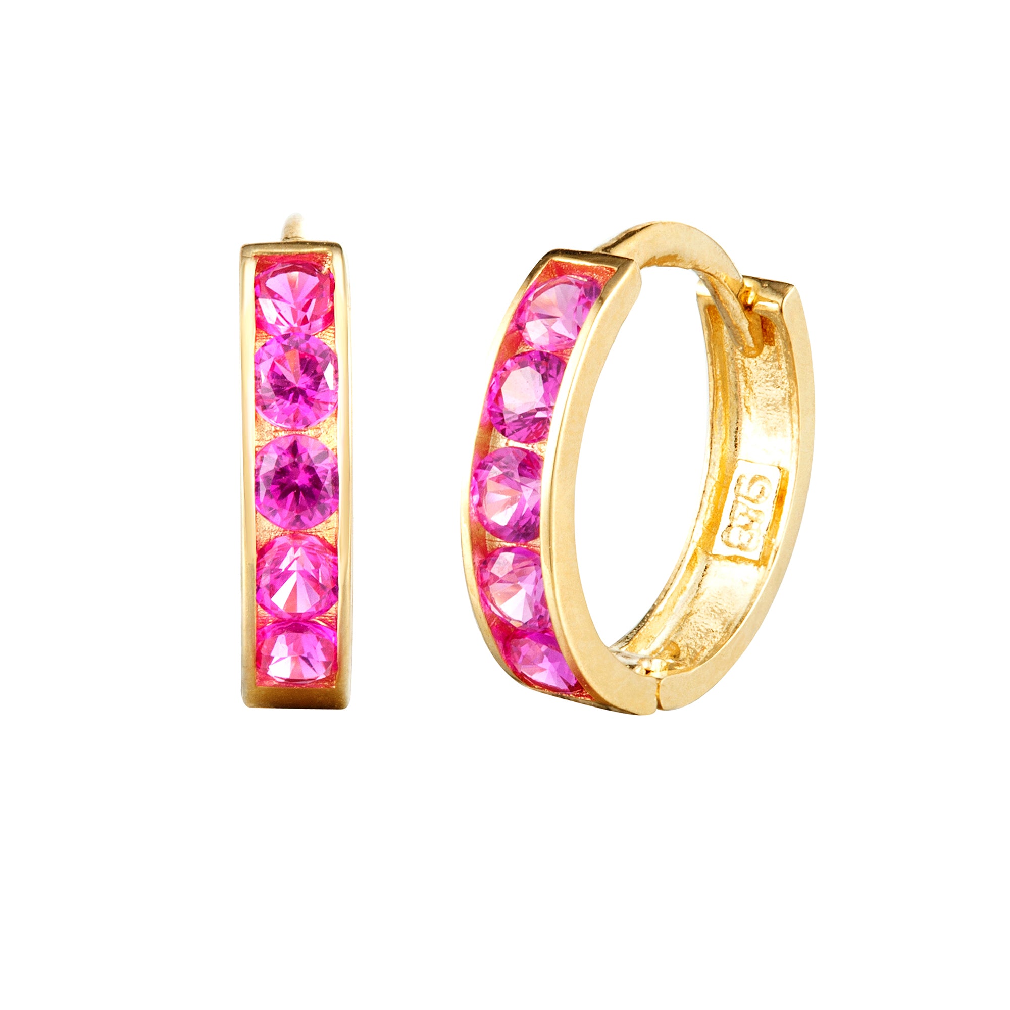 Gold hoop earrings with pink gemstones on a white background - seolgold