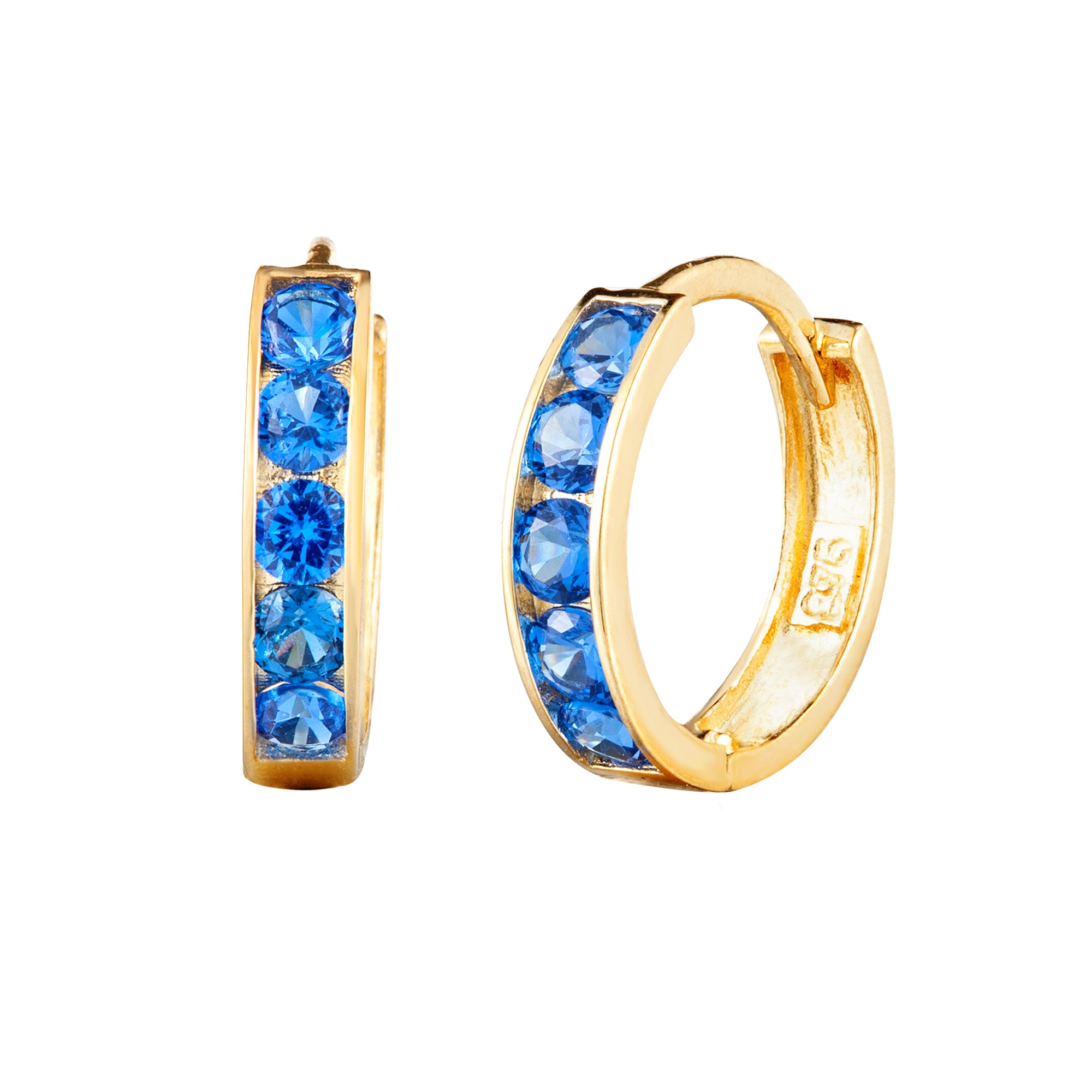 Gold hoop earrings with blue gemstones on a white background - seolgold