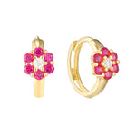 9ct Solid Gold CZ and Ruby Flower Hoop Earrings