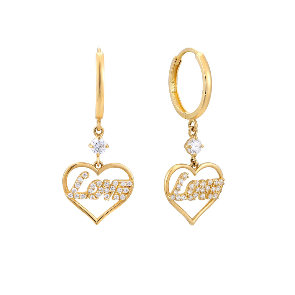 9ct Solid Gold 'Love' Heart Hoop Earrings