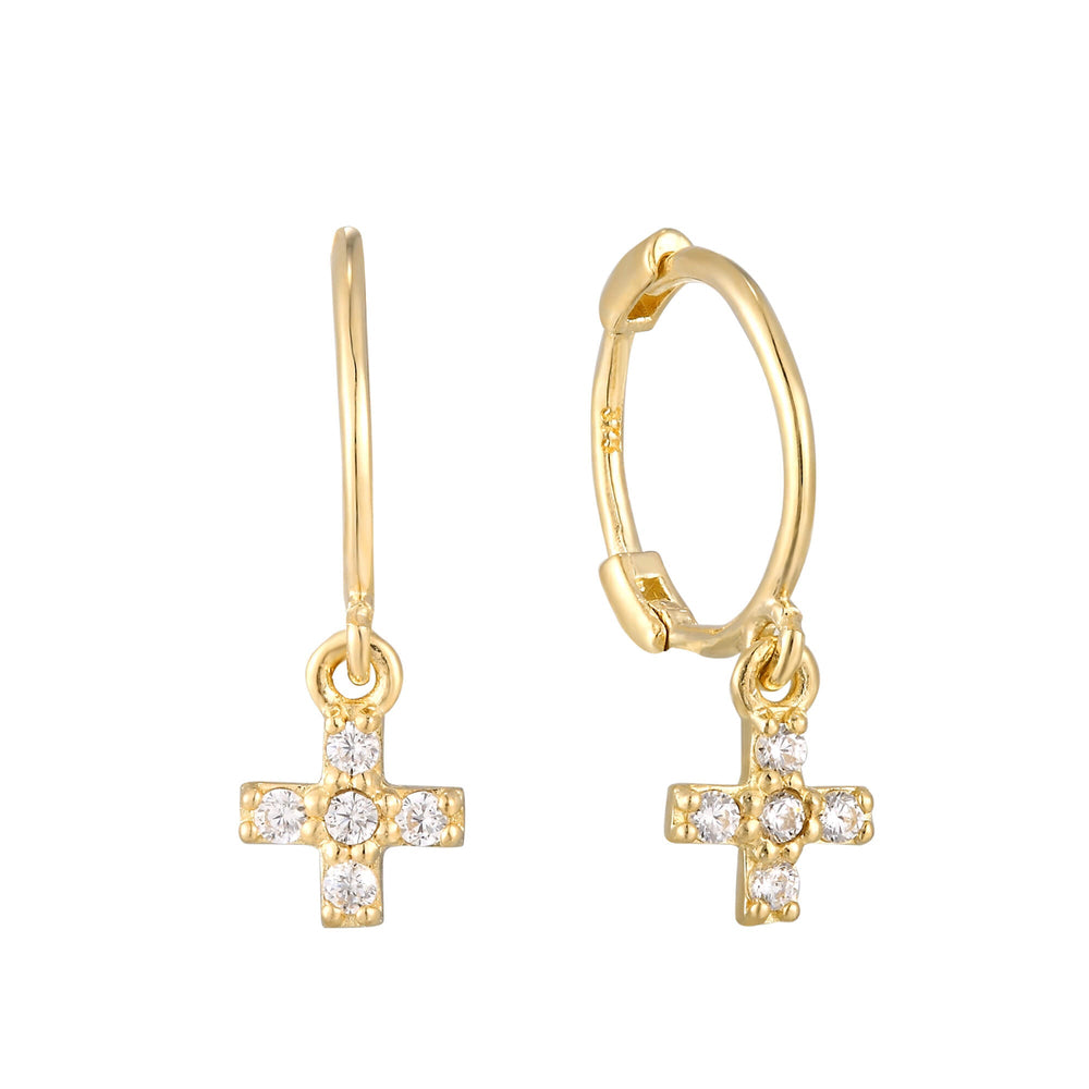 9ct Solid Gold Tiny Cross Charm Hoops
