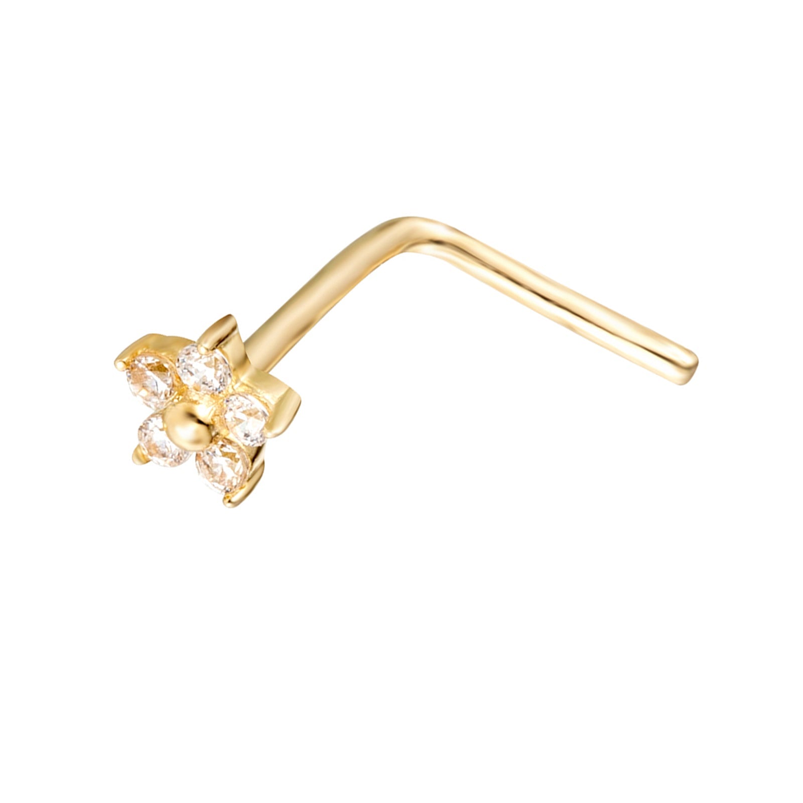 A 9ct solid gold nose stud with a flower-shaped design, adorned with cubic zirconia stones - seolgold