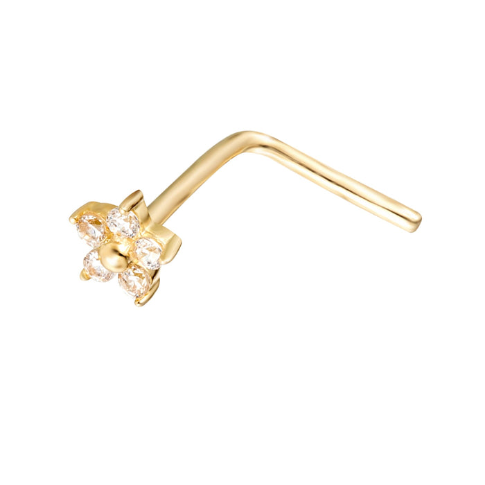 A 9ct solid gold nose stud with a flower-shaped design, adorned with cubic zirconia stones - seolgold