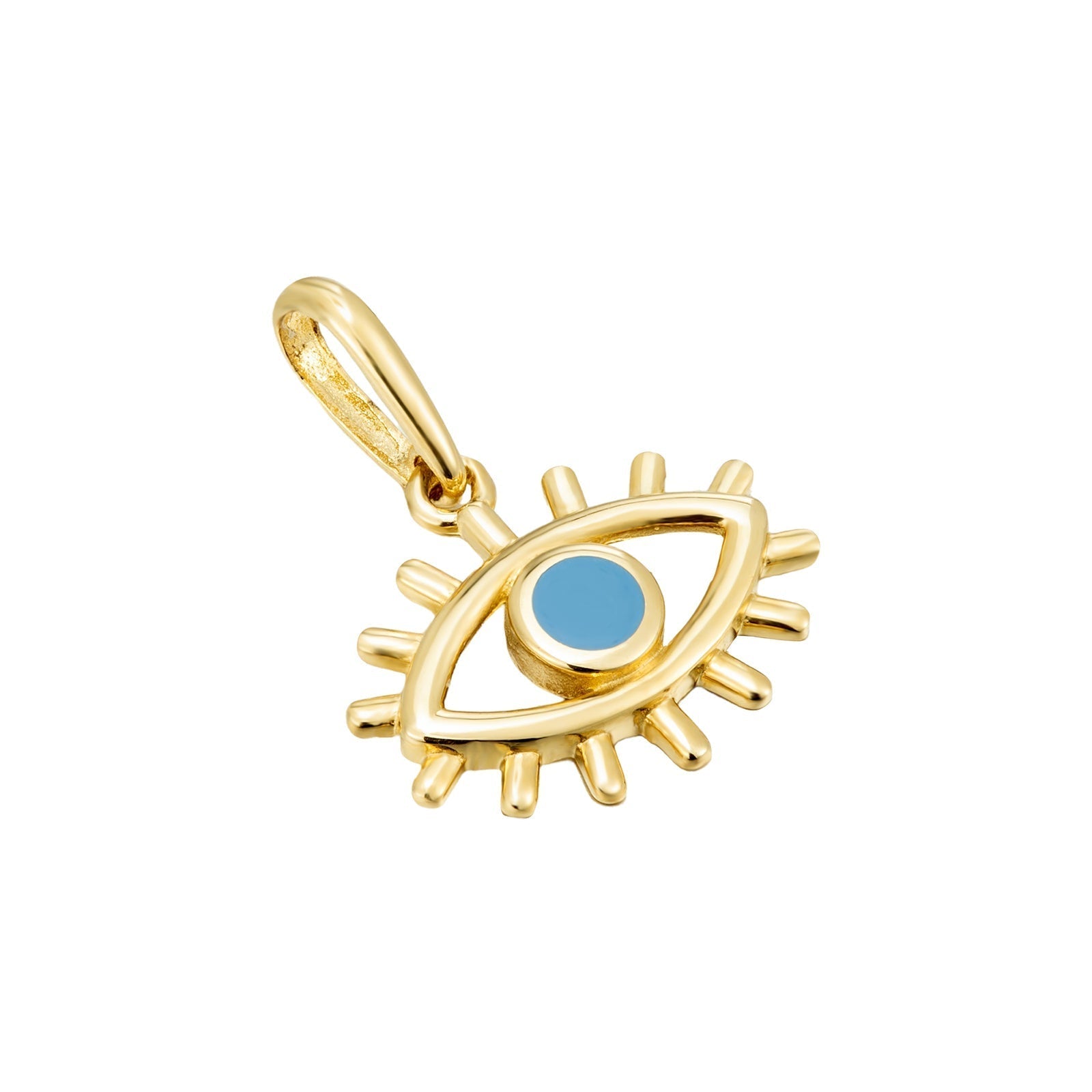 A 9ct solid gold pendant with an enamel eye design, displayed against a white background - seolgold