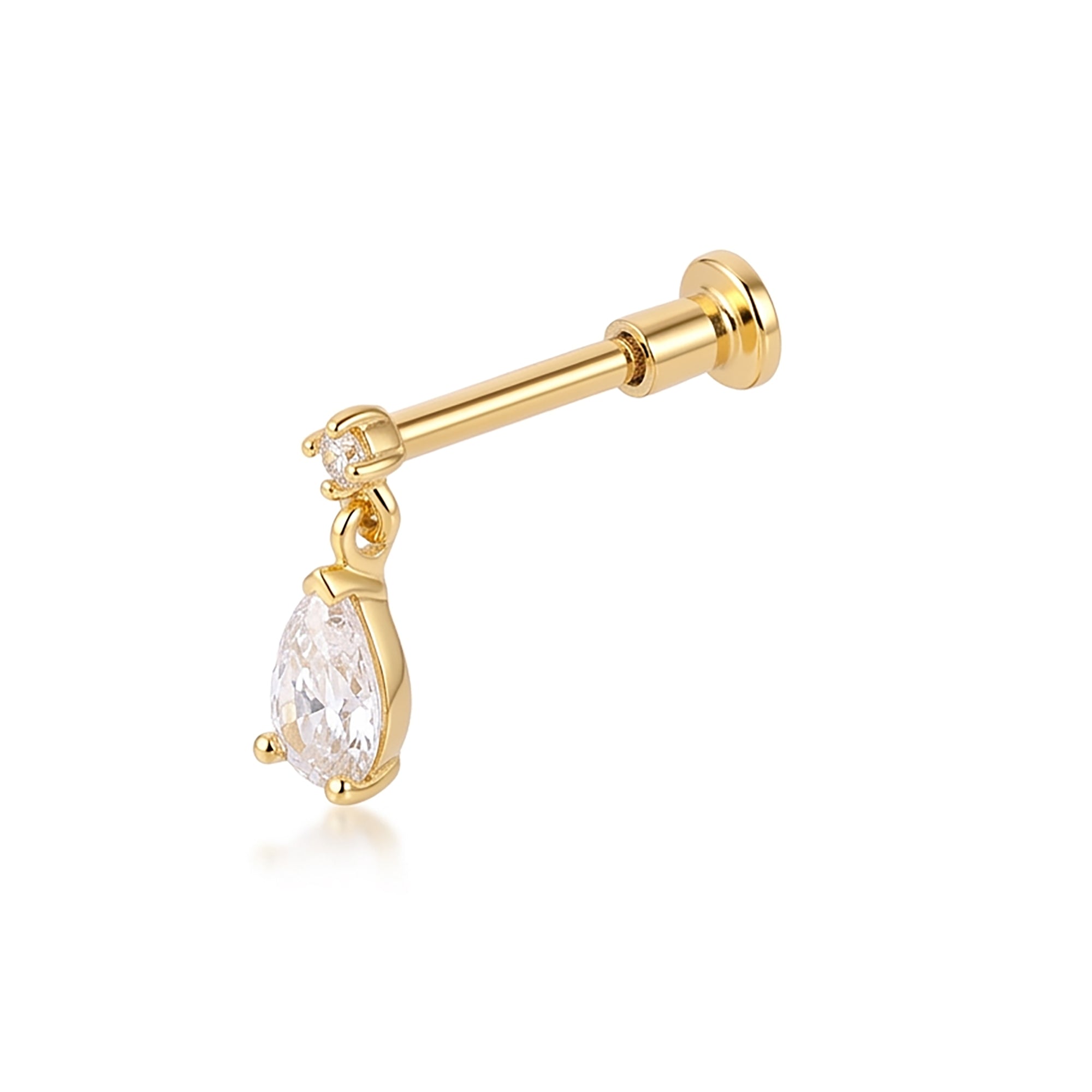 Gold earring with a clear gemstone on a white background - seolgold