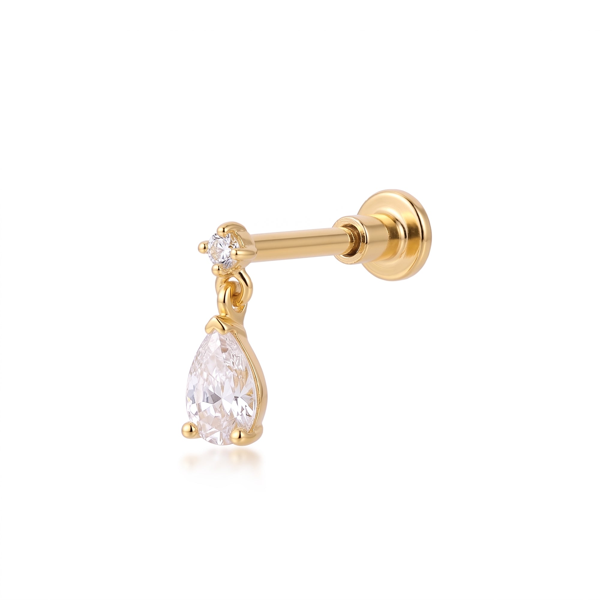 Gold earring with a teardrop-shaped gem on a white background - seolgold