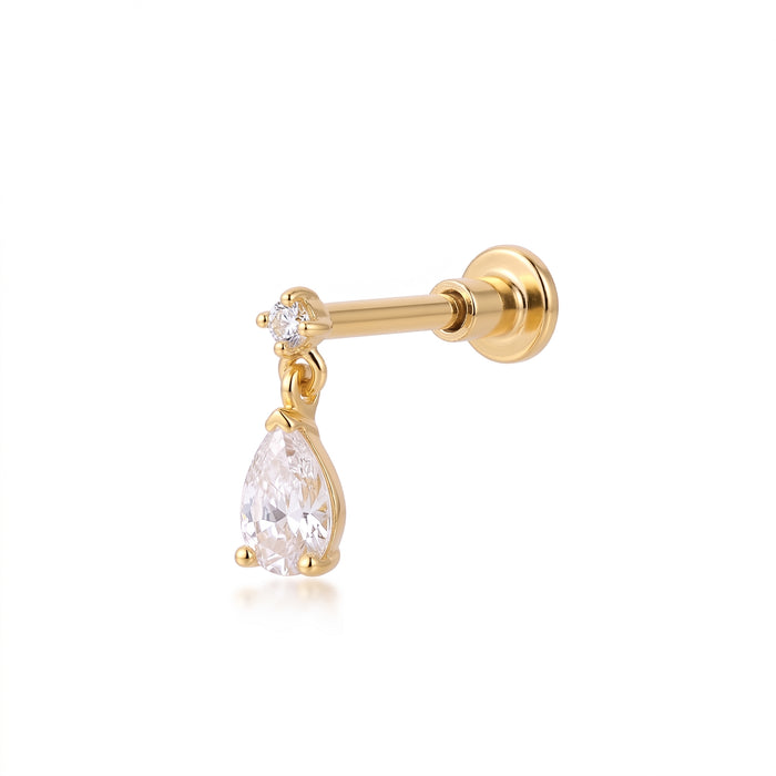 Gold earring with a teardrop-shaped gem on a white background - seolgold
