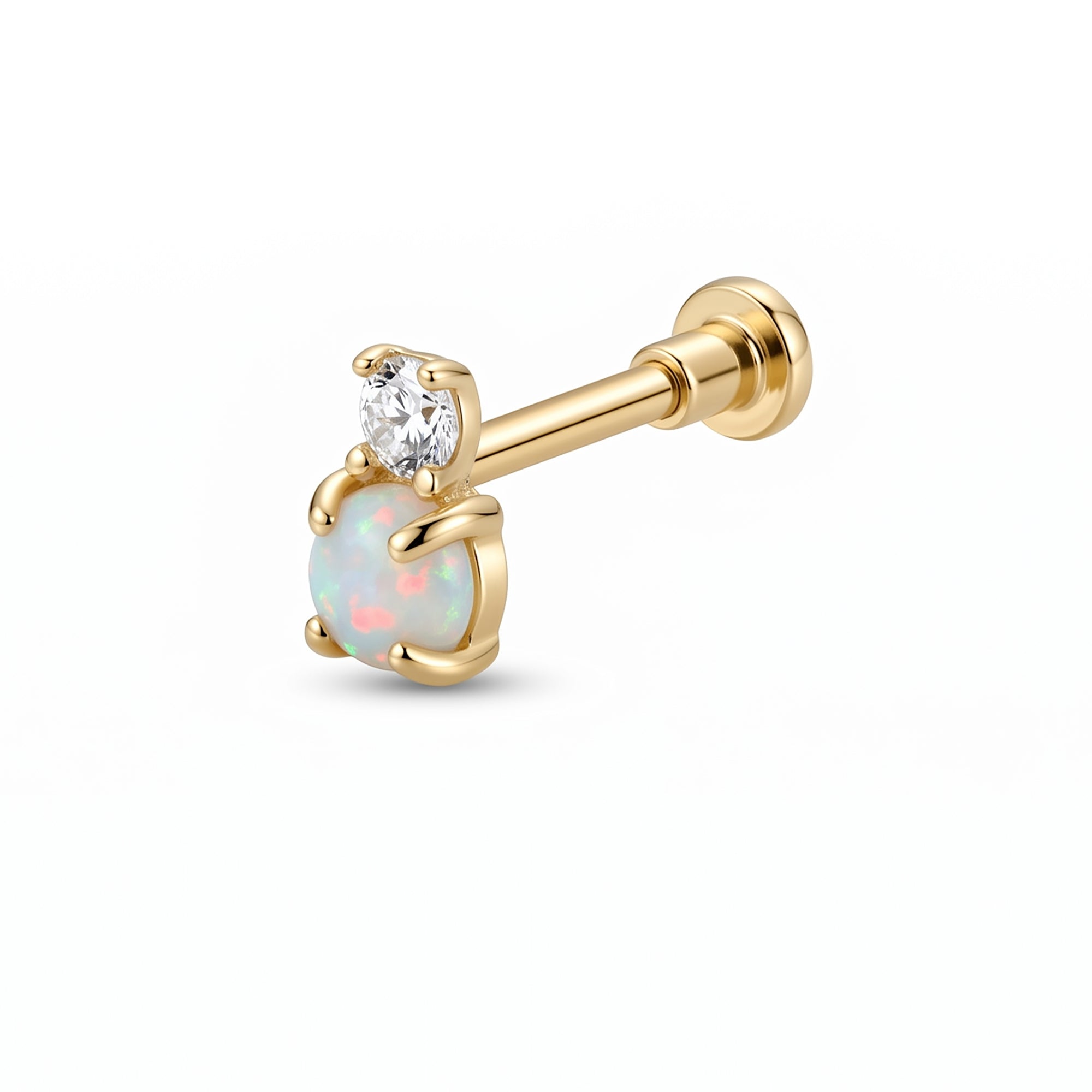 Gold earring with opal stone and clear gem on a white background - seolgold