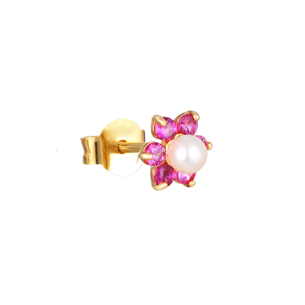 9ct Solid Gold Ruby and Pearl Flower Studs