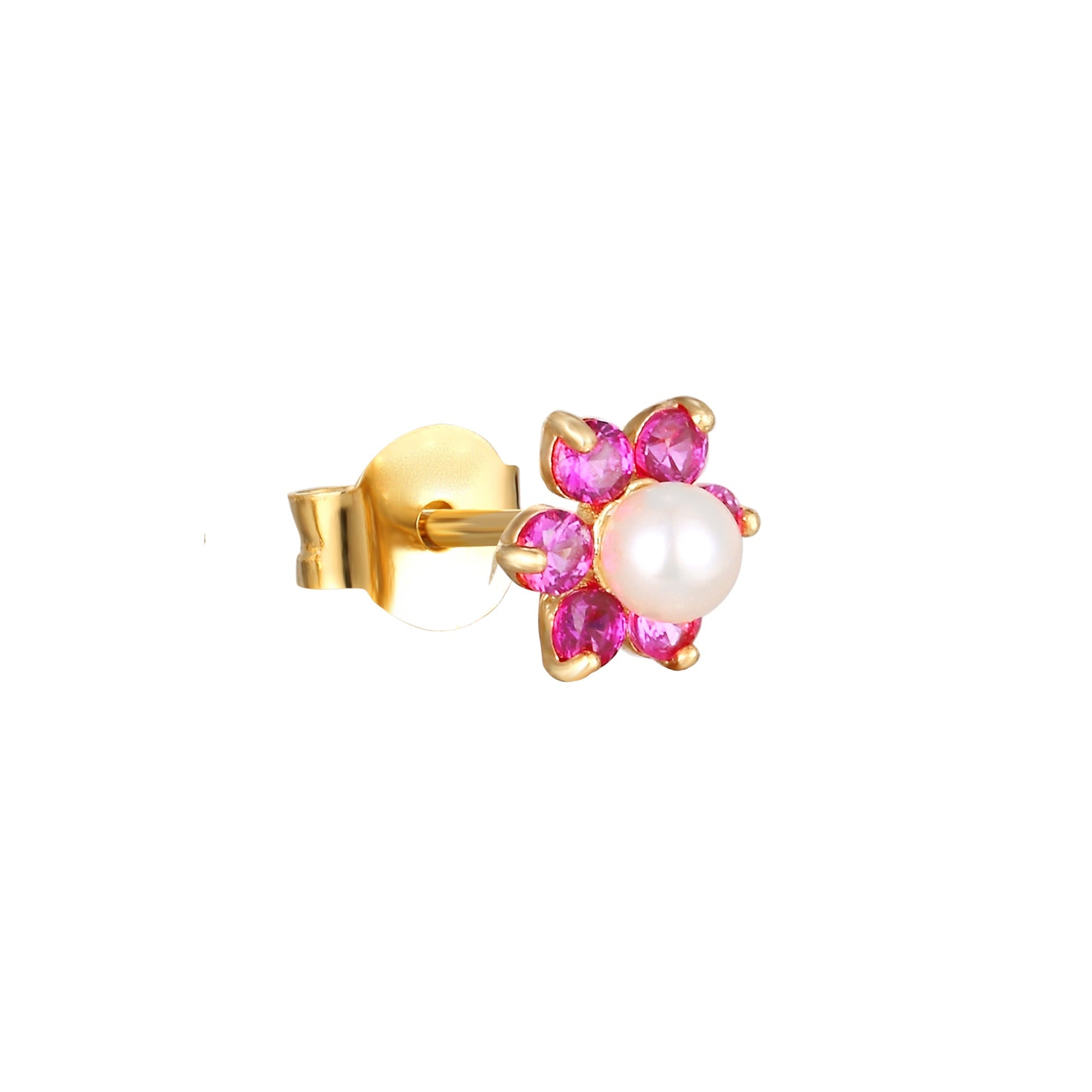 9ct Solid Gold Ruby and Pearl Flower Studs