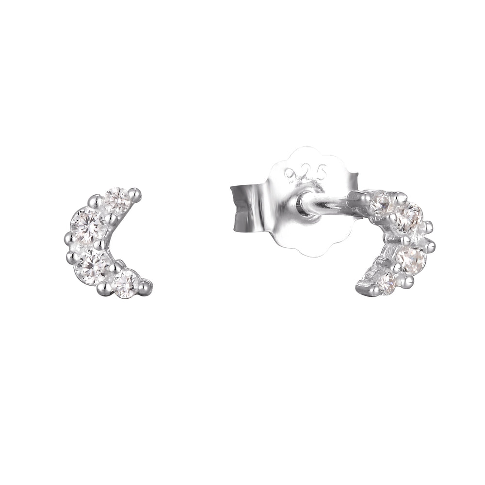 9ct Solid White Gold CZ Moon Studs