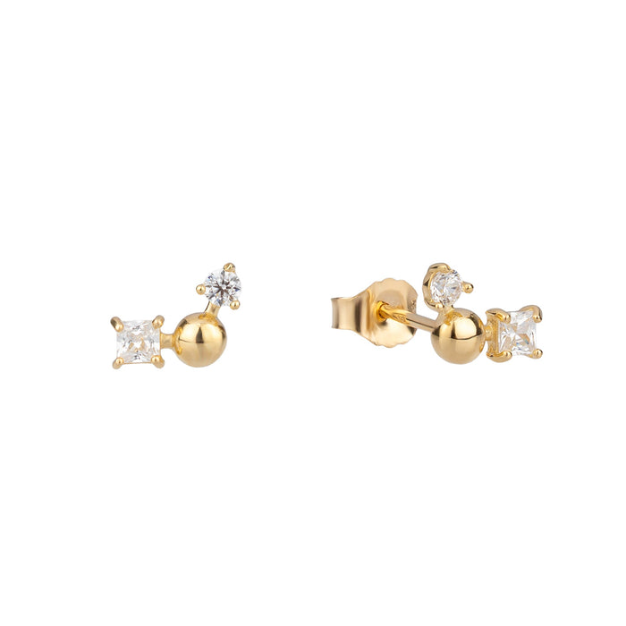 Gold earrings with diamond-like stones on a white background - seolgold