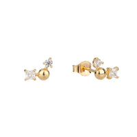Gold earrings with diamond-like stones on a white background - seolgold