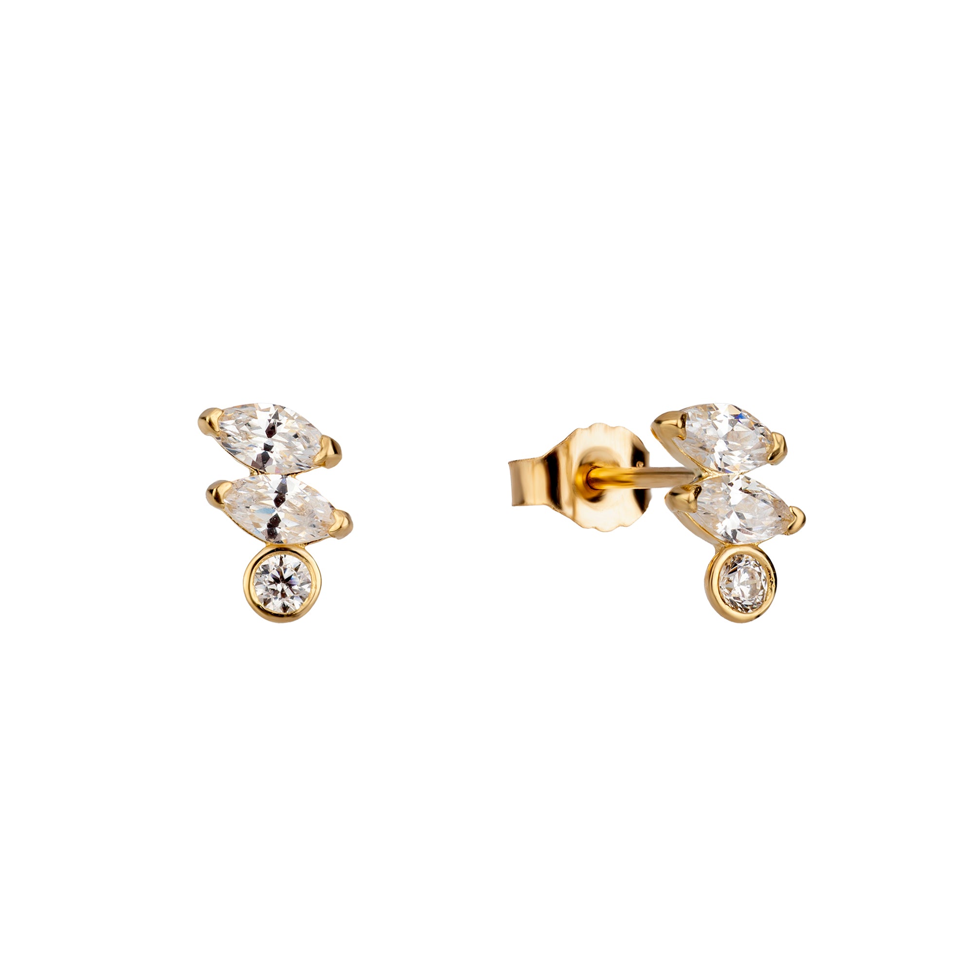 Gold earrings with clear gemstones on a white background - seolgold