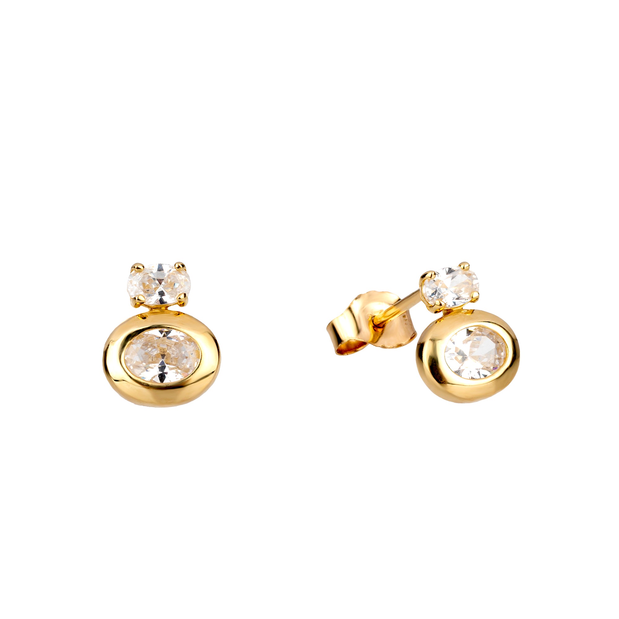 Gold earrings with clear gemstones on a white background - seolgold