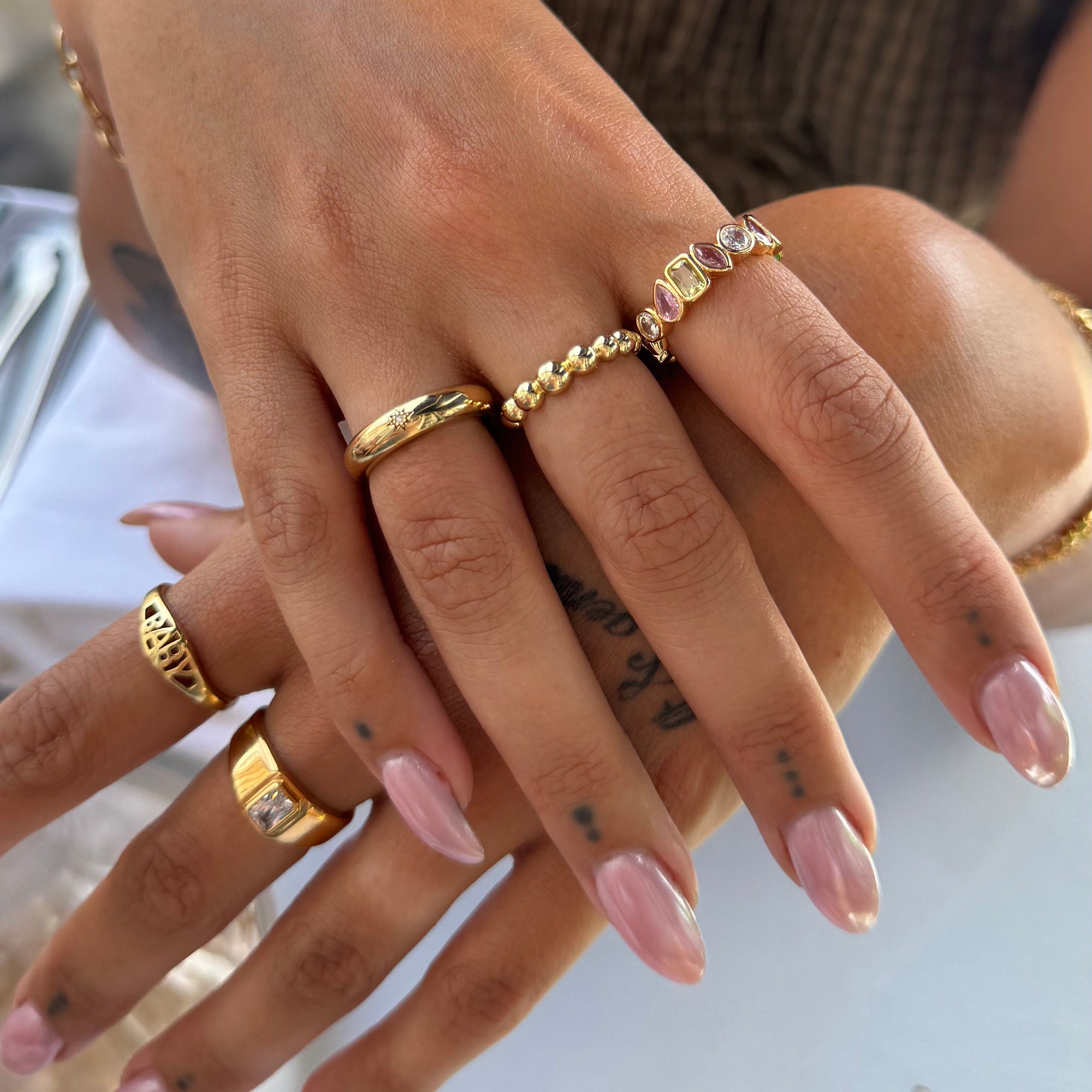 18ct Gold Plated Multi Shape Bezel Set Band Ring