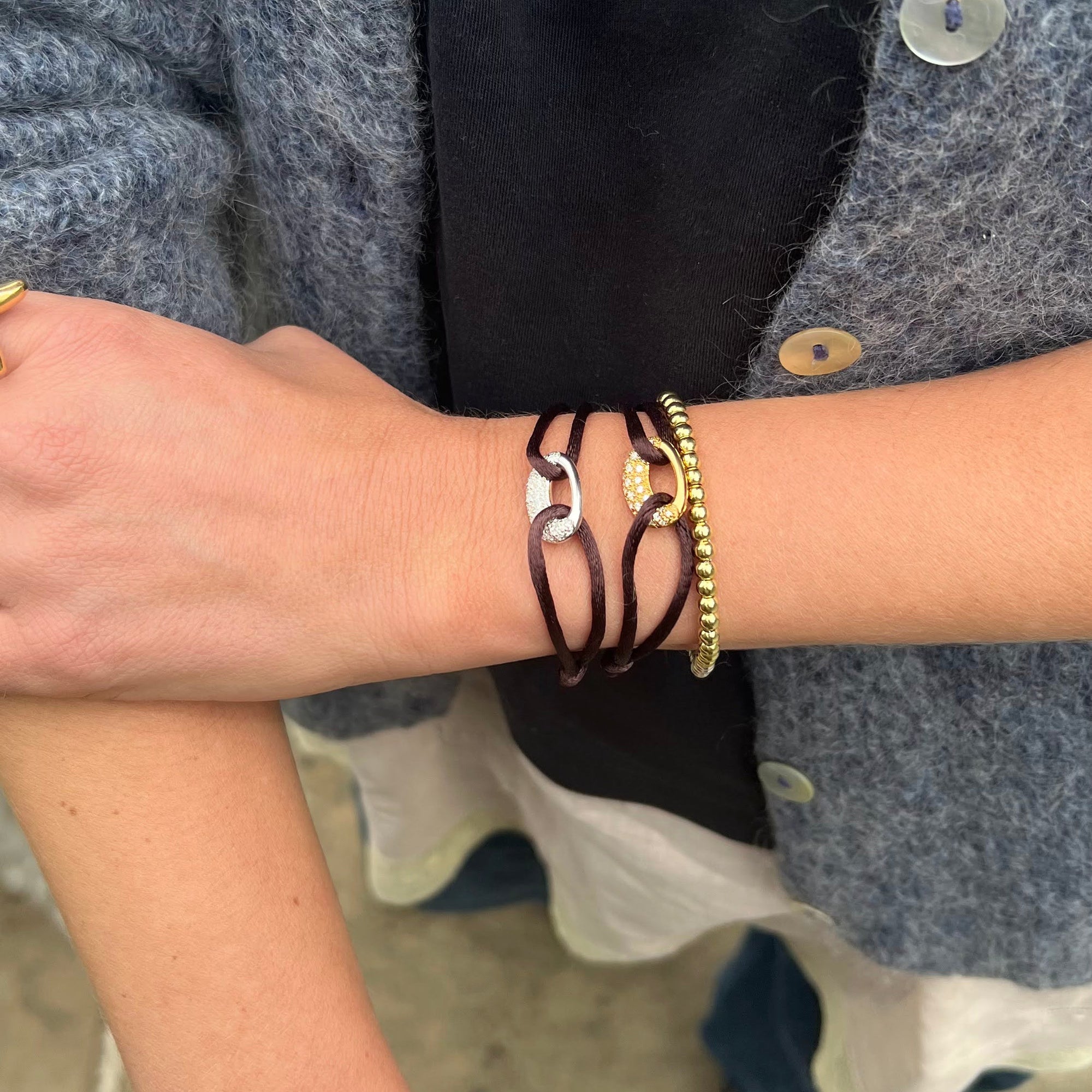 Silver sculptural pave Pebble cord Bracelet - gold pebble bracelet - seolgold