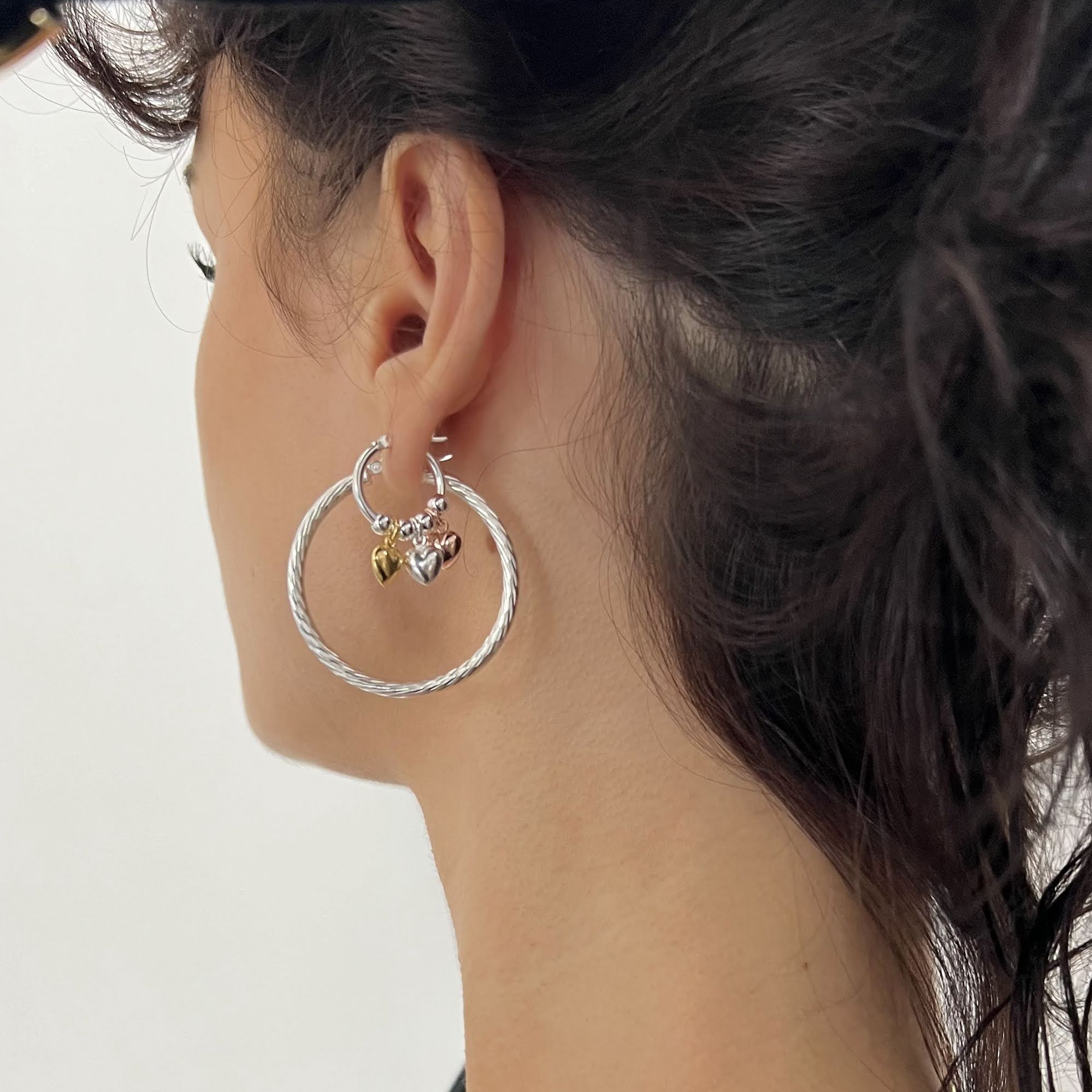 Sterling Silver Mixed Metal Puffy Heart Charm Hoops - Seol Gold