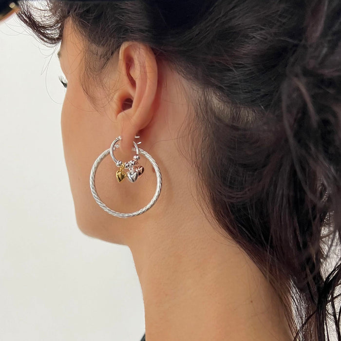 Sterling Silver Mixed Metal Puffy Heart Charm Hoops - Seol Gold