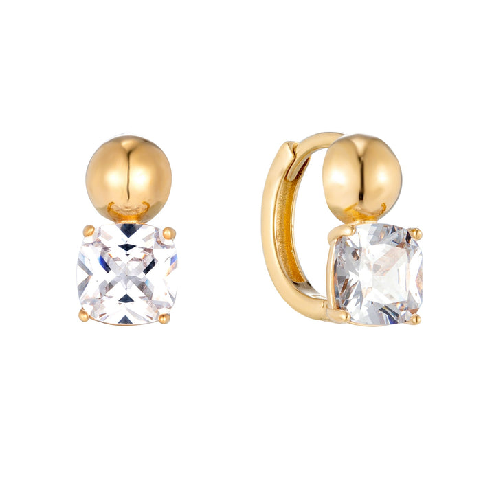 Gold hoop earrings with clear gemstones on a white background - seolgold