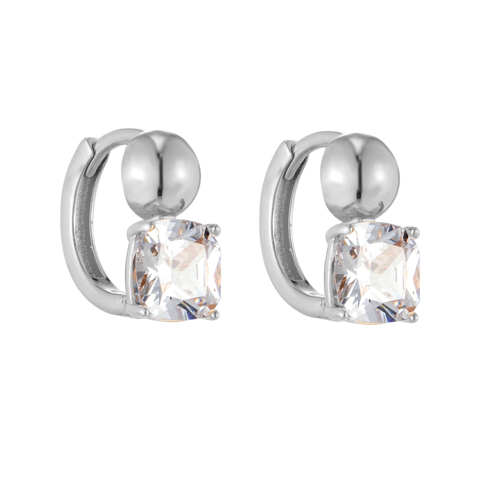 Silver hoop earrings with clear gemstones on a white background - seolgold