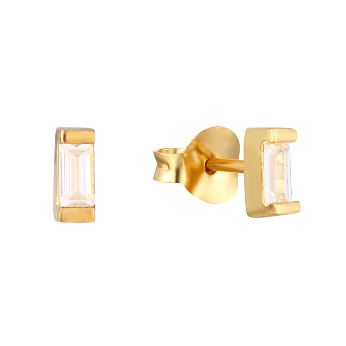 Gold earrings with rectangular gemstones on a white background - seolgold