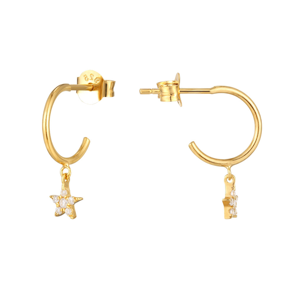 18ct Gold Vermeil Star CZ Charm Half Hoop Stud Earrings