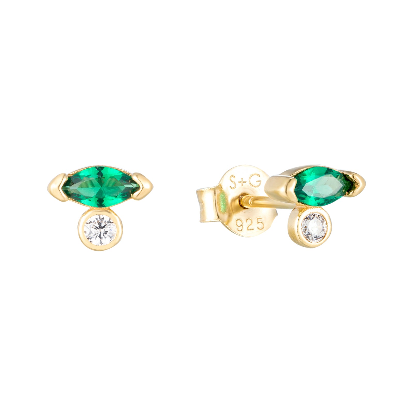 Gold earrings with green gemstones on a white background - seolgold