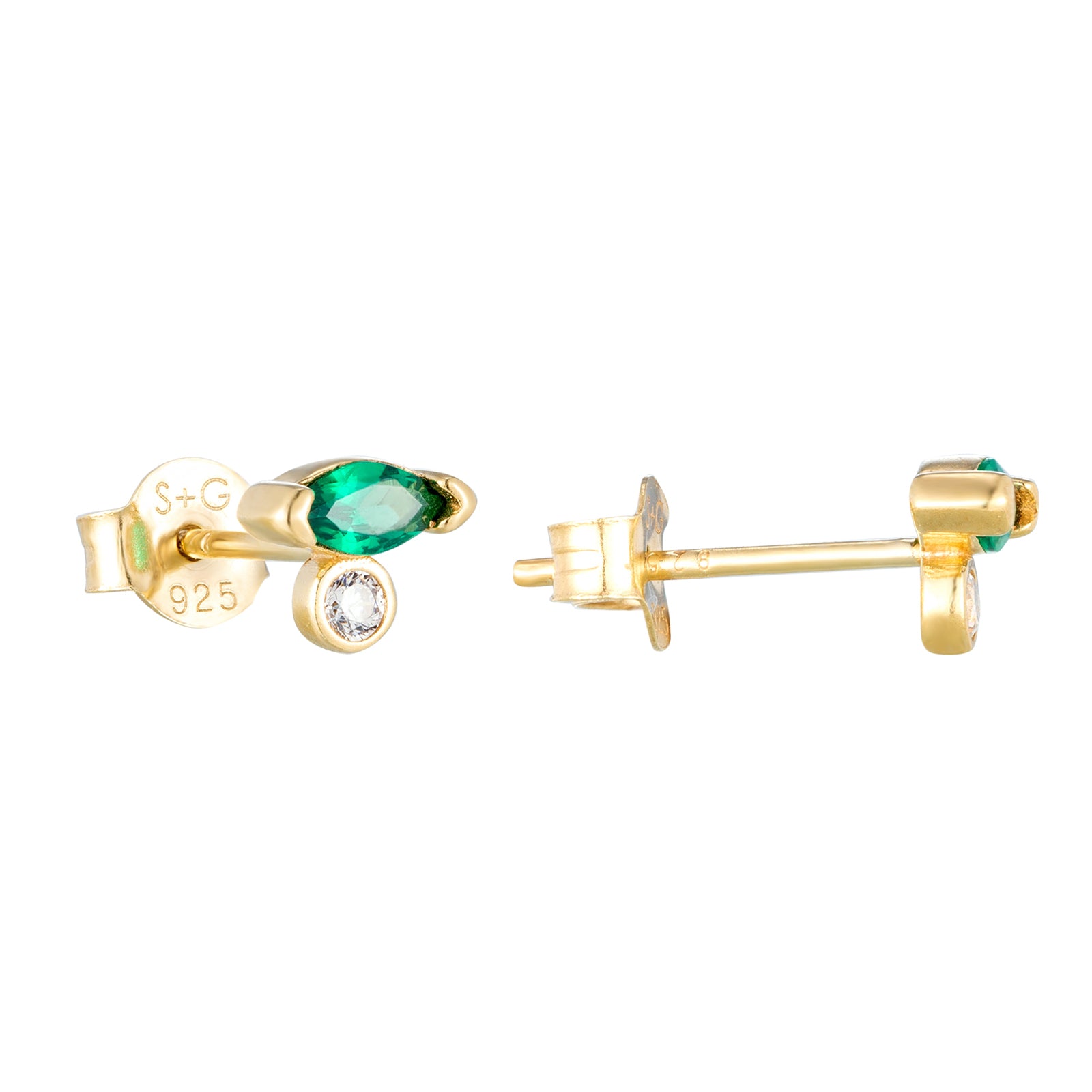 Gold earrings with green gemstones on a white background - seolgold
