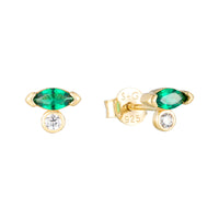 Gold earrings with green gemstones on a white background - seolgold