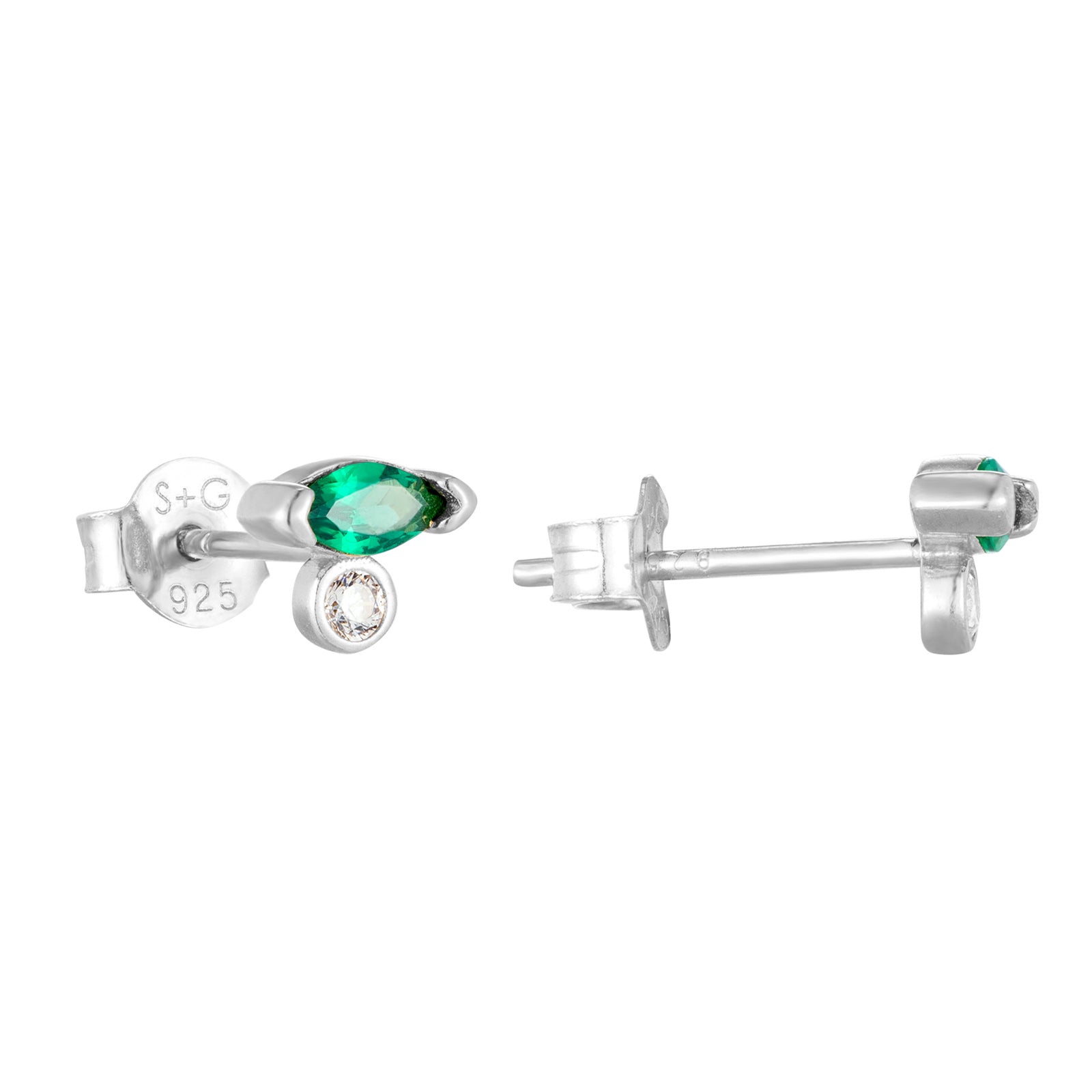 Silver earrings with green gemstones on a white background - seolgold