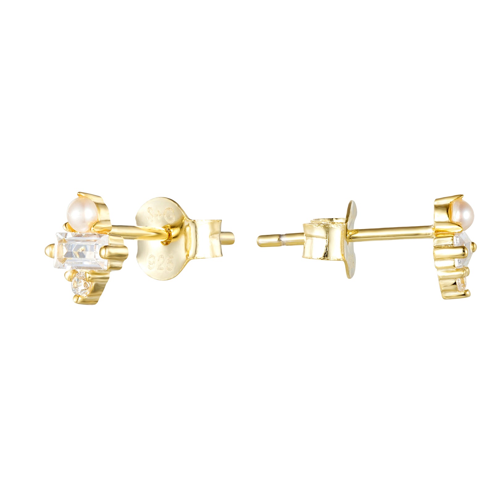 Baguette CZ & Pearl Stud Earrings 18ct gold vermeil - seol gold