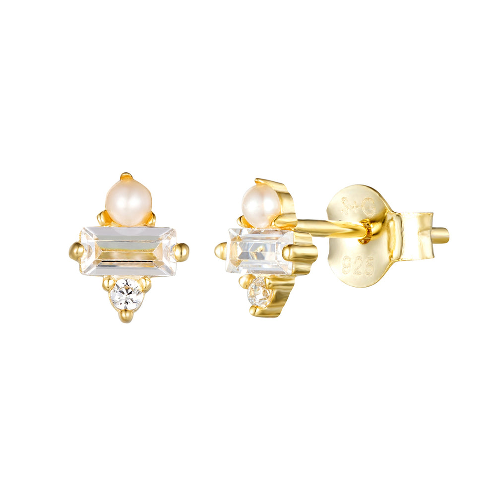 18ct Gold Vermeil Baguette CZ & Pearl Stud Earrings