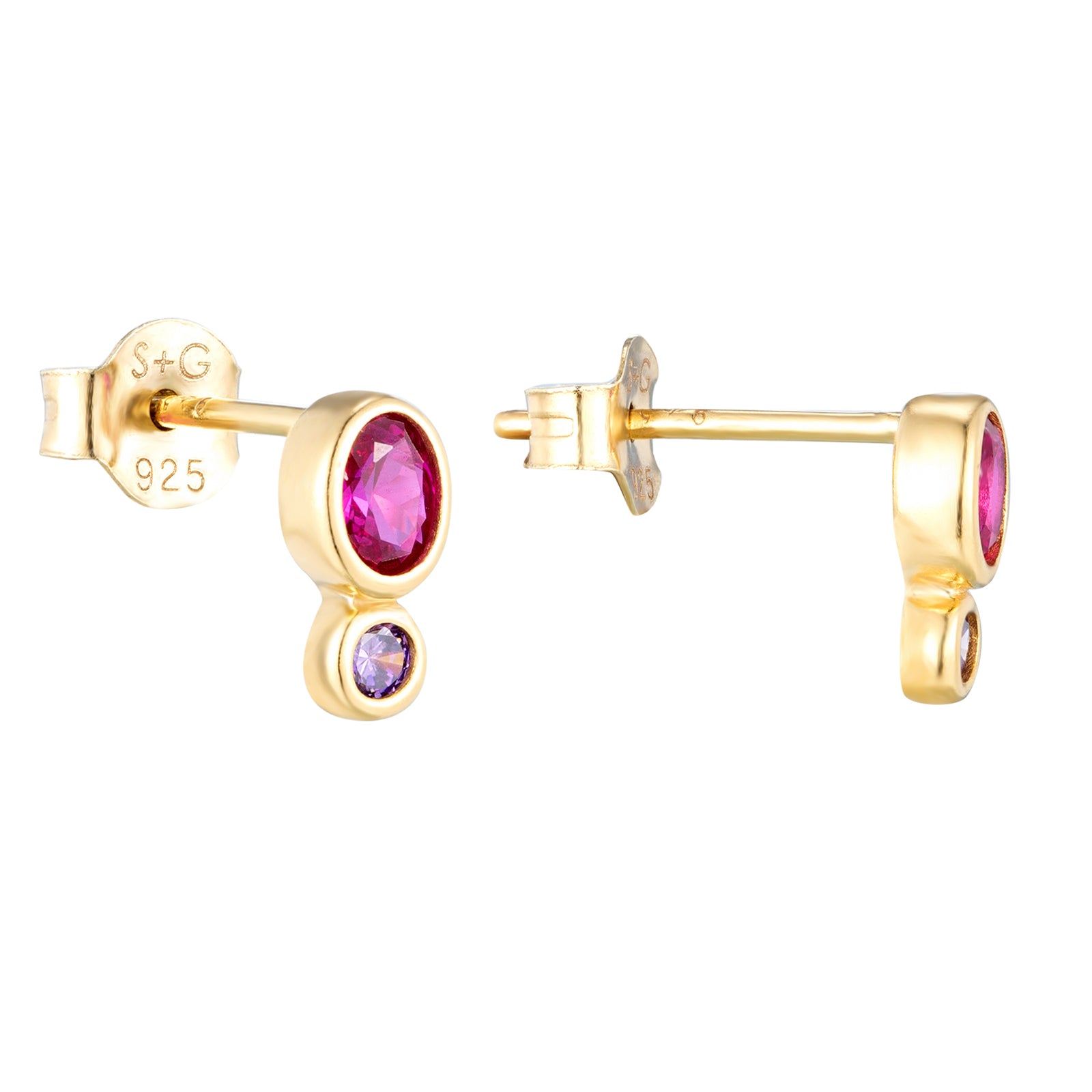 Gold earrings with pink and purple gemstones on a white background - seolgold