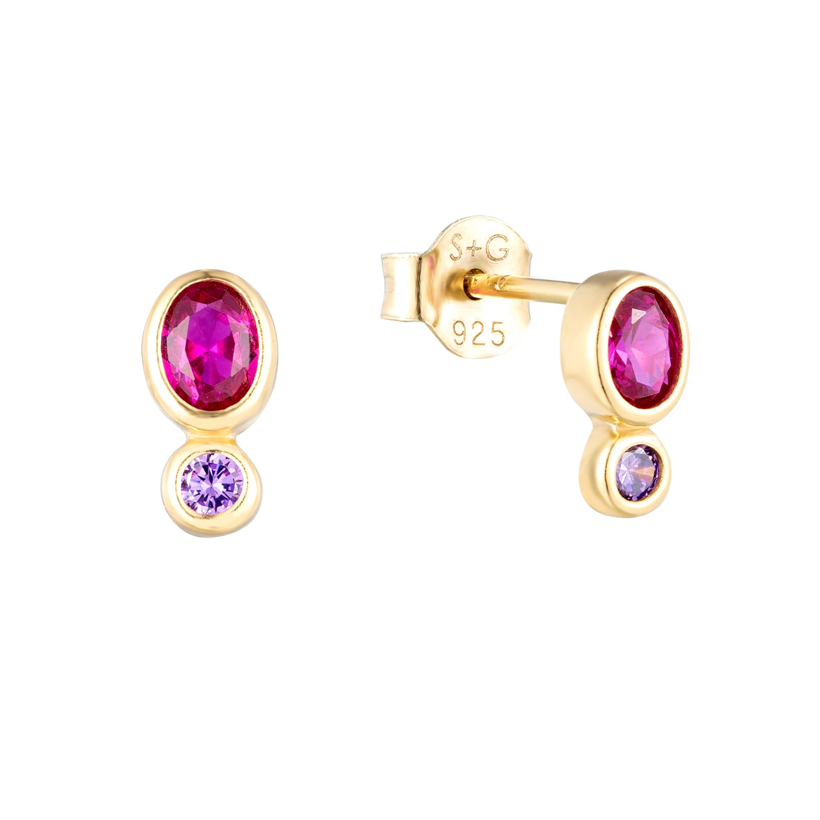 Gold earrings with pink and purple gemstones on a white background - seolgold