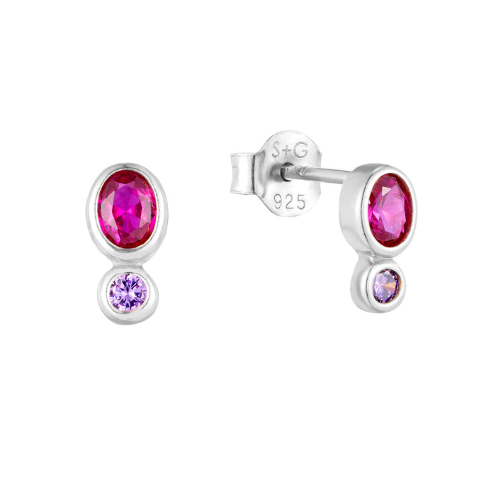 Silver earrings with pink and purple gemstones on a white background - seolgold