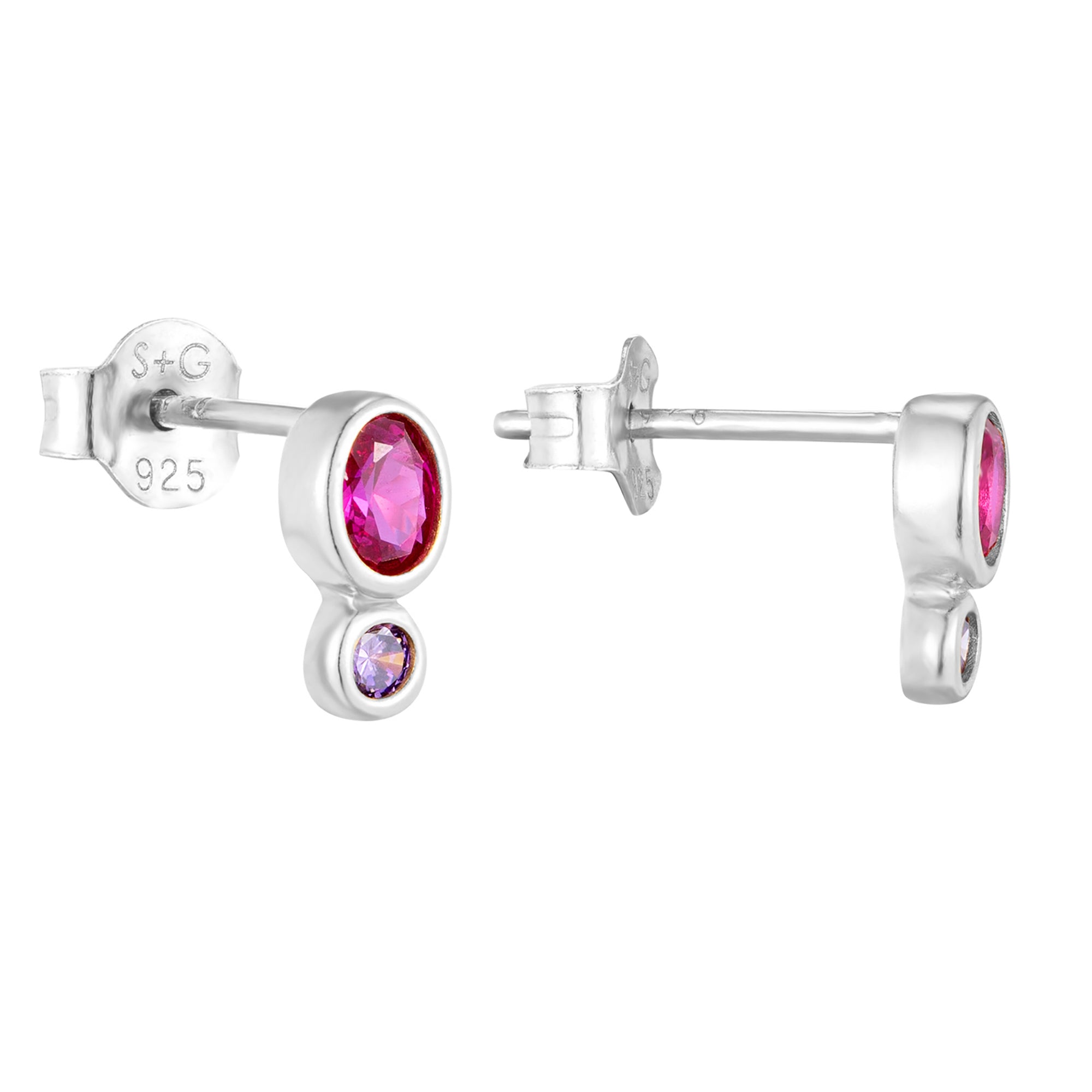 Silver earrings with pink and purple gemstones on a white background - seolgold
