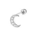 9ct Solid White Gold CZ Crescent Moon Barbell Stud Earring