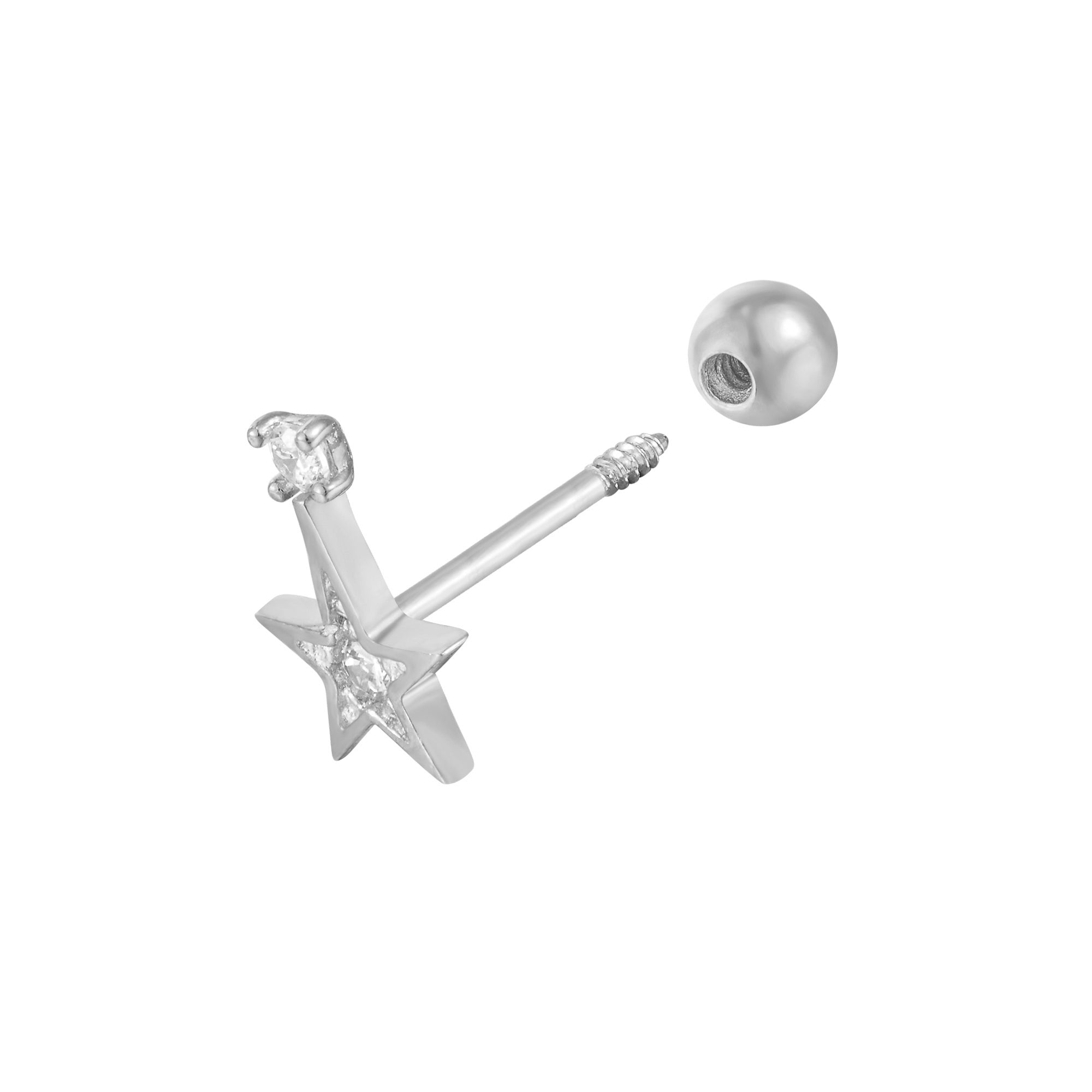 9ct Solid White Gold Star CZ Barbell Stud Earring - seolgold