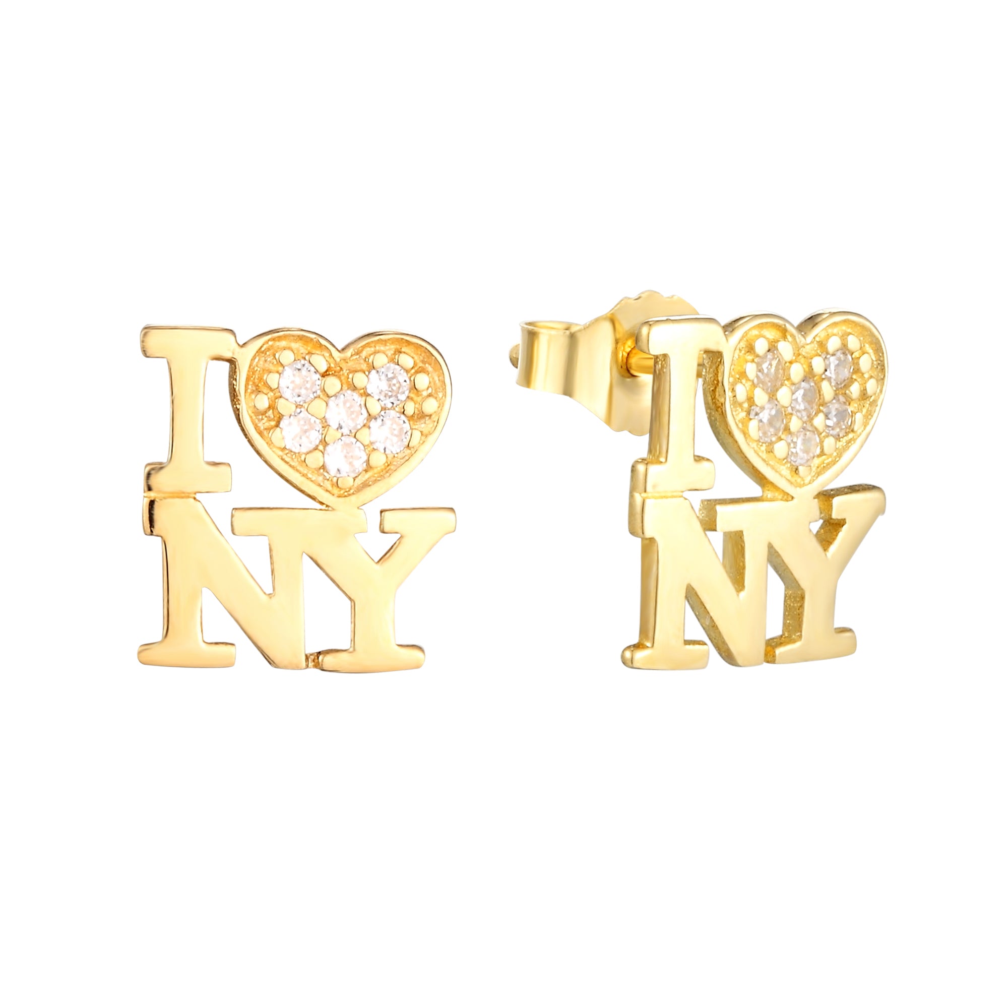 Gold 'I ❤️ NY' earrings on a white background - seolgold