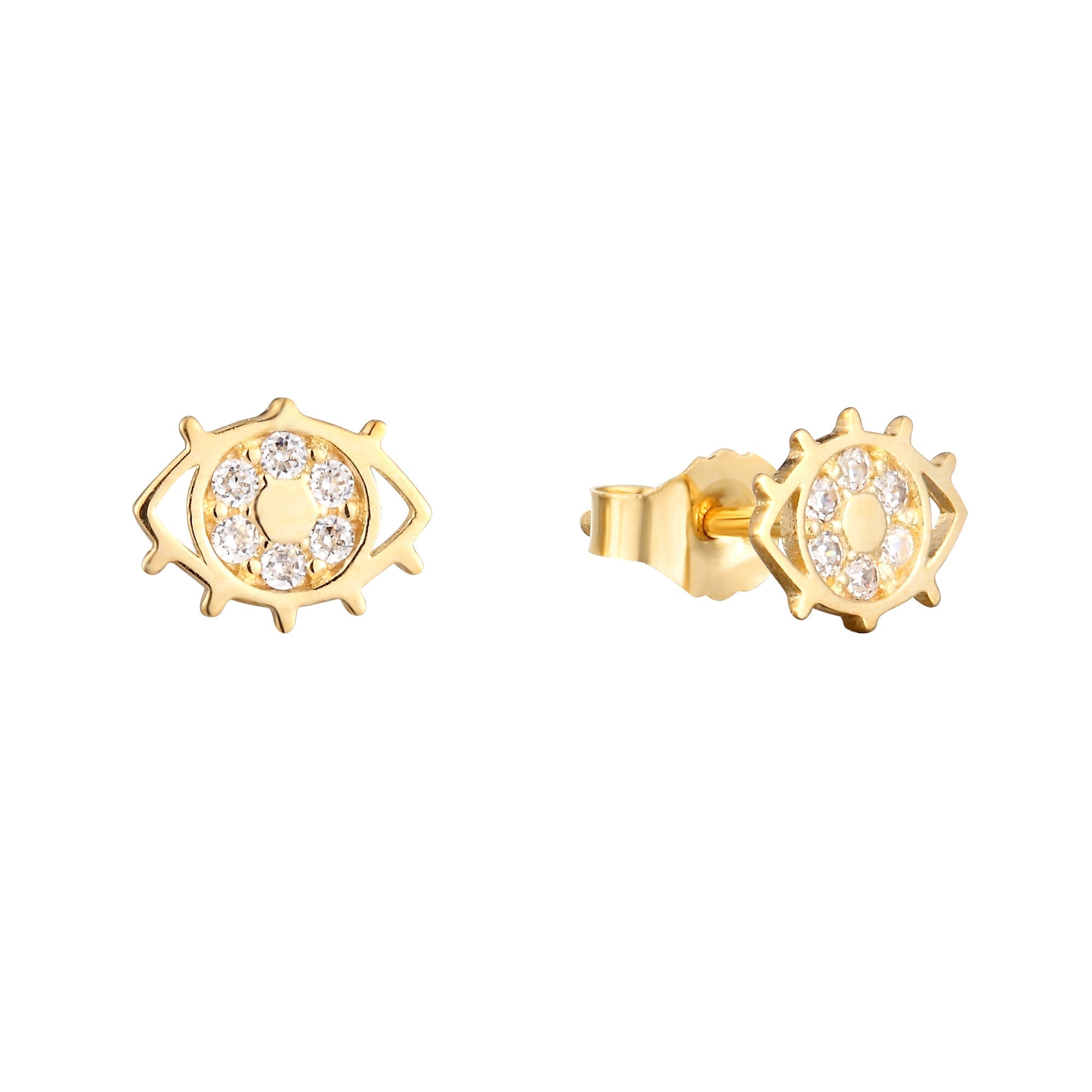 9ct Solid Gold CZ Studded Eye Stud Earrings - seol-gold