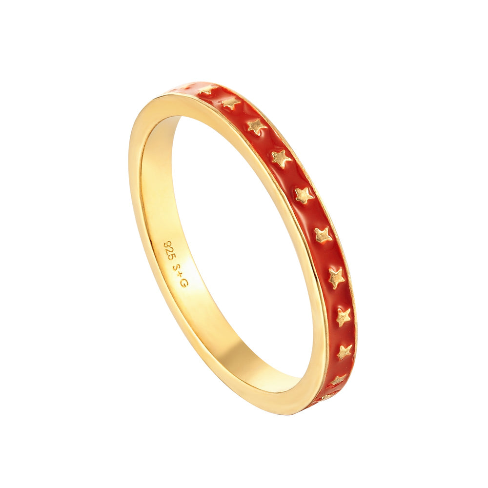 18ct Gold Vermeil Red Enamel Star Band Ring